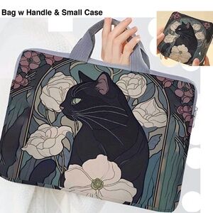 Laptop Bag & Cord Case Black Cat w Peonies